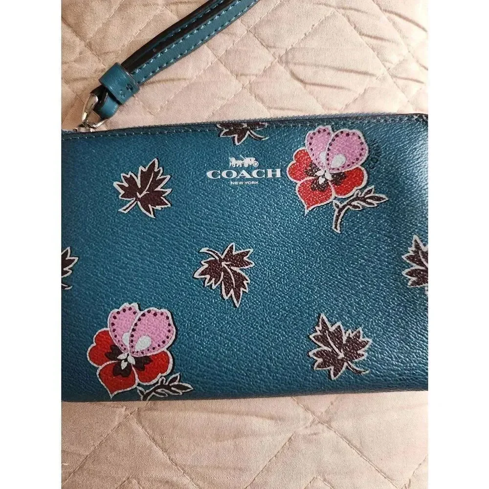 Coach Dark Teal Wristlet with Floral Design EUC (P)